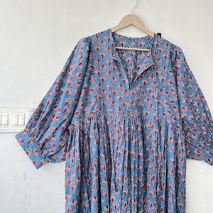 Midi Dress, Mini Dress, Floral Long Block Print Dress, Deep Neck with string closer,  Floral Long Block Print Dress, gift for her