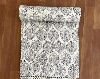Handmade Floral Block Printed Kantha Quilt: Queen Size Cotton Bedspread
