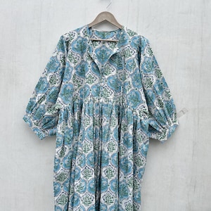 Floral Hand Block Print Cotton Midi Dress: Deep Neck Summer Dress