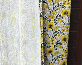 Yellow Floral Kantha Quilt: Handmade Indian Cotton Bedspread