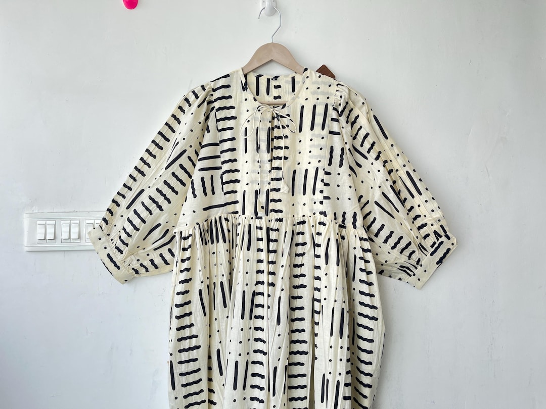 Floral Block Print Cotton Gauze Dress - Deep Neck Midi Mini Dress