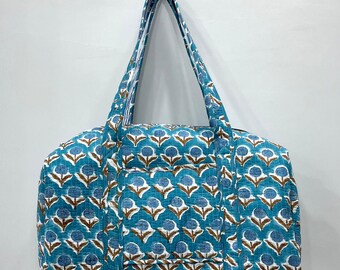 Block Printed Cotton Quilted Weekender Bag: Handmade Travel Duffle