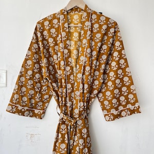 Cotton Kimono Robe Dressing Gown, Block Print Bridesmaid Robe, Summer Nightwear, One Size