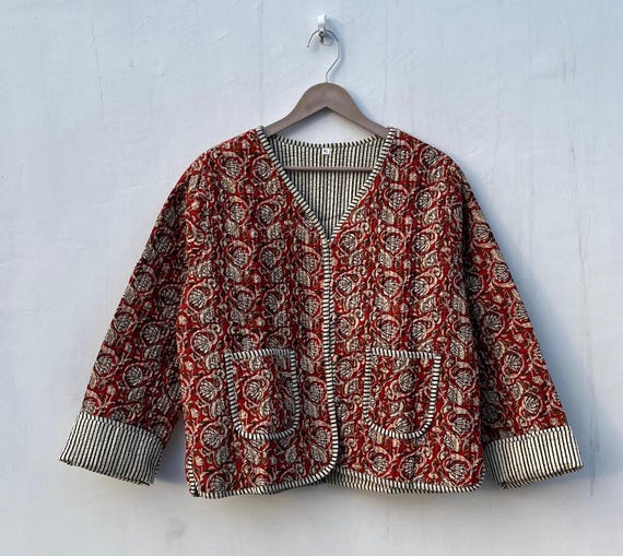 Hand Block Print Cotton Kantha Jacket: Floral Quilted Boho Coat