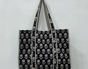 キルティングコットントートバッグ：エスニックプリントの大型