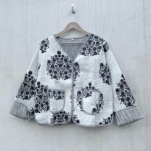 Cotton Women&#39;s Quilted Jacket Block Printed Boho Style Quilted Handmade Jackets, Coat Holidays Gifts Button Closer Jacket for Women Gifts
