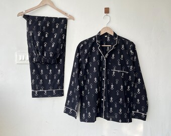 Conjunto de pijama de algodão com estampa em blocos: Pijama feminino de verão