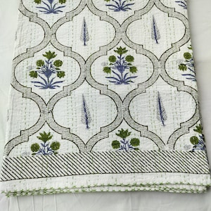 Handmade Green Floral Kantha Quilt: Queen Size Indian Cotton Bedspread