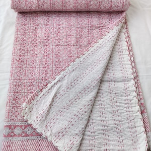 Indian Pink Kantha Bedcover Kantha Bedspread Indian quilt cotton kantha throw handblocked print handmade kantha bedcover Hand stitching