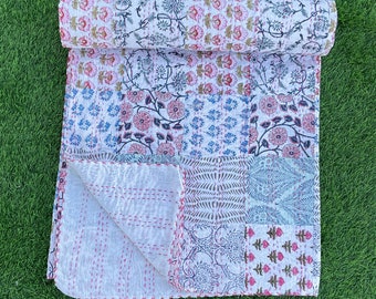 Handmade Patchwork Kantha Quilt: Bohemian Floral Print Cotton Bedding