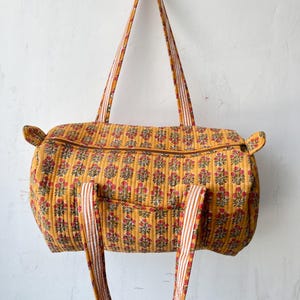 Handmade Quilted Duffle Bag - Women&#39;s Travel Eco-Friendly Cotton Overnight Packing Block Printed Duffel Bag