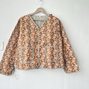 Reversible Hand Block Print Cotton Quilted Jacket: Indian Sari Collar