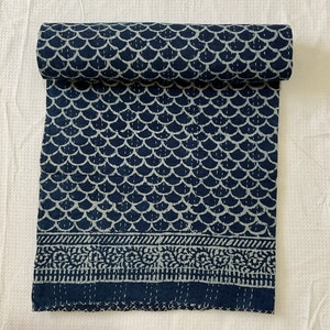 Indigo Blue Kantha Quilt: Handmade Indian Block Print Bedspread
