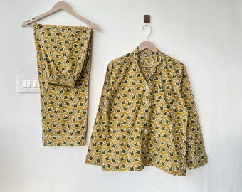 Conjunto de pijama de algodão indiano: roupa de dormir de verão com estampa floral