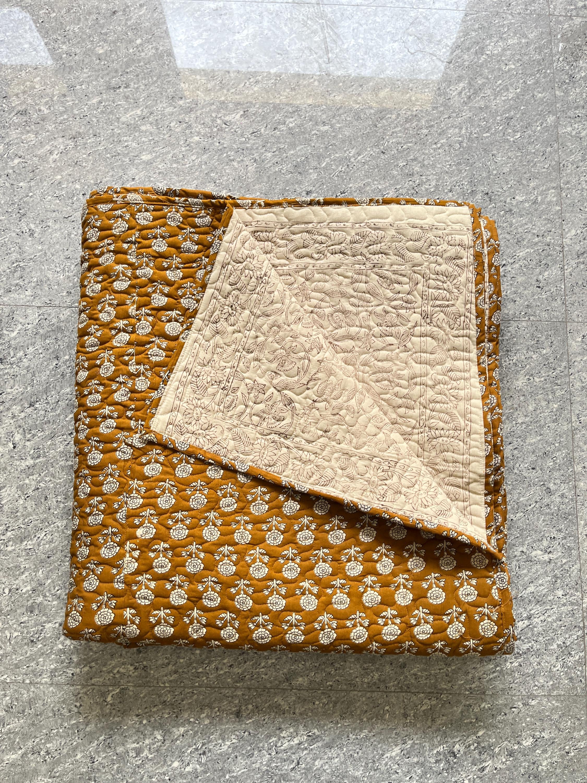 Mustard Floral Kantha Quilt: Reversible Hand-Block Printed Cotton Bedcover