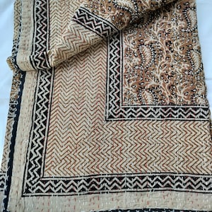 Brown Floral Kantha Quilt: Handmade Indian Cotton Bedspread (Queen Size)