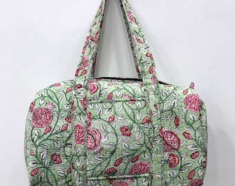 Block Printed Cotton Quilted Weekender Bag: Floral Travel Duffle