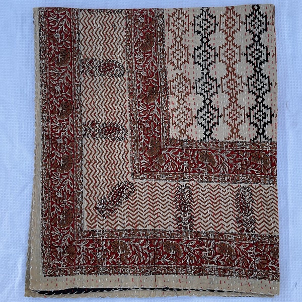 Handblock Print Kantha Quilt Bohemian Bedding Reversible Bedspread Decorative Ethnic Queen/Twin Size Throw Blanket Kantha Bagru Print