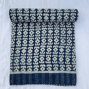 Indigo Kantha Quilt Bedspread: Indian Block Print Cotton Throw