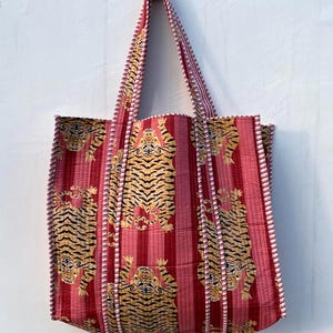 Tiger Print Quilted Cotton Tote Bag: Handmade Ethnic Market Bag