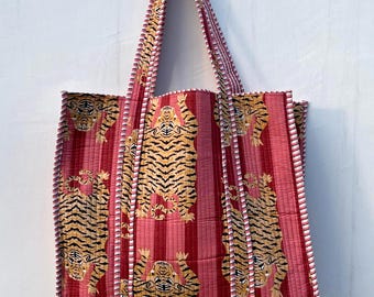 Tiger Print Quilted Cotton Tote Bag: Handmade Ethnic Market Bag