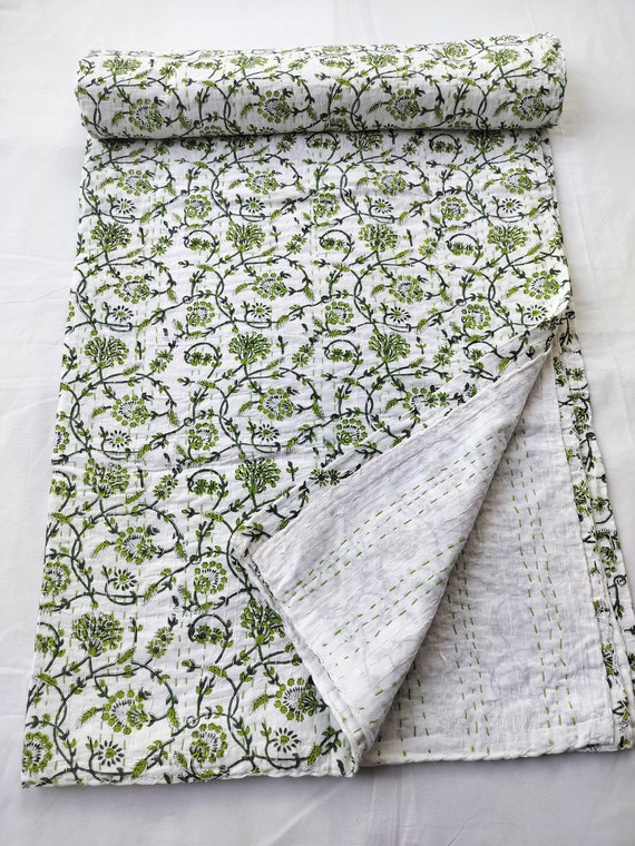 Lime Green Floral Hand Block Printed Cotton Kantha Throw -Double bed Size Lime Green Floral Hand Block Printed Cotton Kantha Throw -Double bed Size