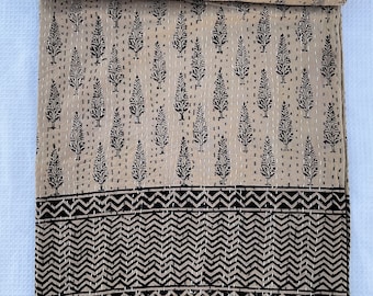 Colcha Kantha de algodón con estampado a mano: Cubrecama floral