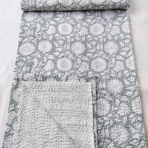 Handmade Floral Kantha Quilt: Grey Indian Bedspread, Cotton Blanket