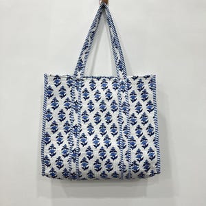 Block Print Cotton Tote Bag: Handmade Quilted Boho Market Bag