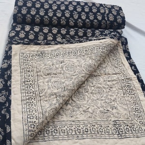 Black Cotton Queen Quilt: Hand Block Printed Kantha Bedspread