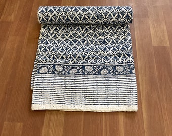 Handblock Floral Kantha Quilt: Indian Cotton Bedspread, Queen Size