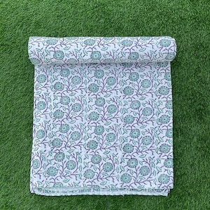Handmade Floral Kantha Quilt: Indian Cotton Bedspread