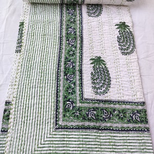 Indian Floral Kantha Quilt Handblock Floral Print Quilt Handmade Kantha Quilt Queen Bedspread Floral Quilt King Size Indian Bedspread