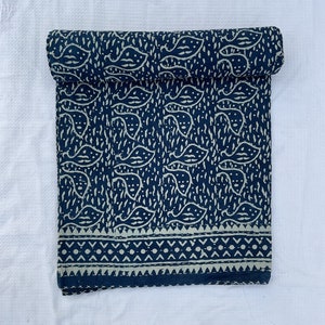 Indigo Kantha Quilt: Handmade Floral Block Print Cotton Bedspread