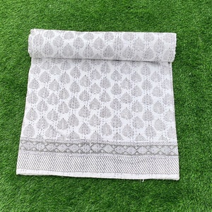 Hand Block Print Cotton Kantha Quilt: Floral Bedspread (Queen)