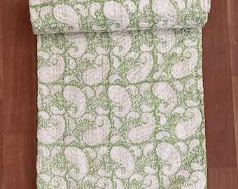 Floral Kantha Quilt: Queen/King Size Handblock Printed Cotton Bedspread