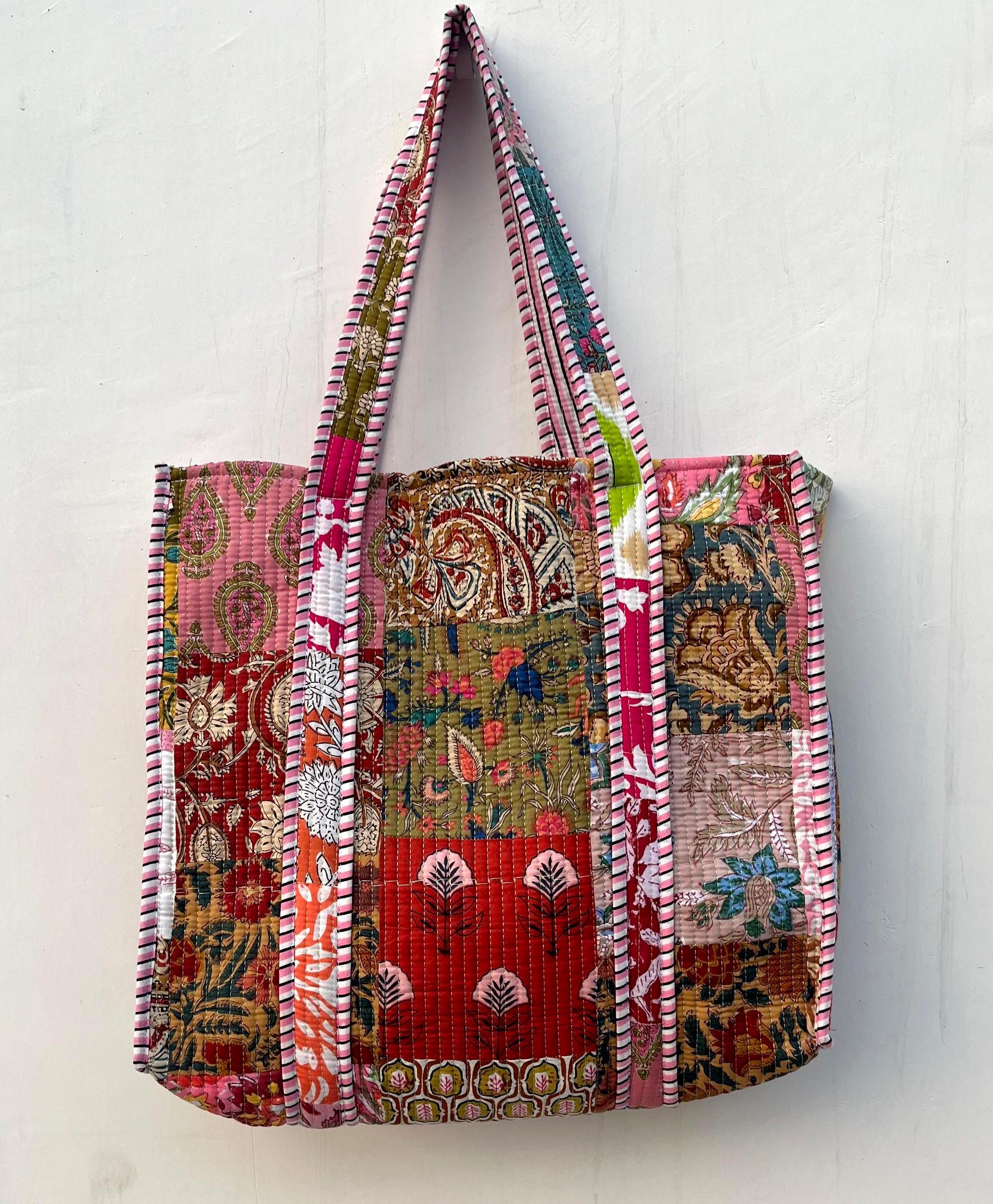 キルティングコットントートバッグ：ハンドメイドプリントのエスニック