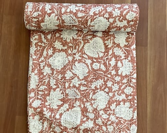 Floral Kantha Quilt: Handblock Print Indian Bedding (Queen)