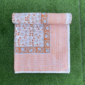 Hand Stitched Floral Kantha Quilt: Indian Cotton Bedspread