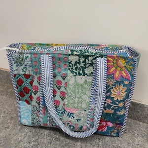 Floral Print Quilted Cotton Tote Bag: Handmade Boho Market Bag