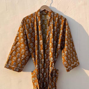 Cotton Kimono Robe Dressing Gown, Block Print Bridesmaid Robe, Summer Nightwear, One Size