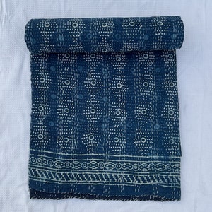 Handmade Indigo Kantha Quilt: Floral Print Indian Cotton Coverlet