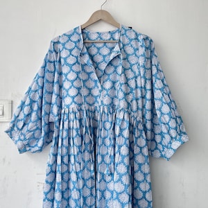Midi Dress, Mini Dress, Floral Long Block Print Dress, Deep Neck with string closer,  Floral Long Block Print Dress, gift for her, Dress