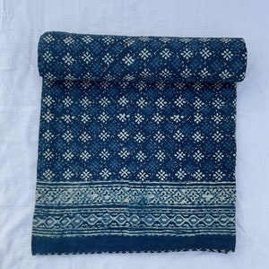 Indigo Blue Kantha Quilt: Indian Block Print Cotton Bedspread