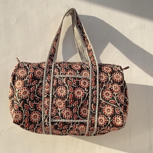 Block Print Quilted Cotton Duffle Bag: Boho Weekender Travel Bag
