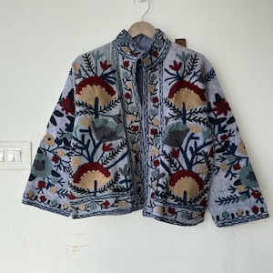 Handmade Suzani Embroidery Jacket, Winter Wear Jacket Coat, Womens Coat, Suzani Short Jacket, TNT Fabric Suzani Jacket, Robe, Gift For Her