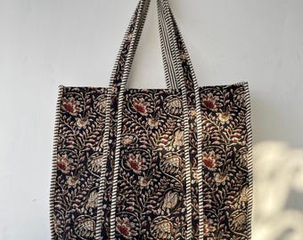Sac cabas floral matelassé fait main : cabas réversible en coton