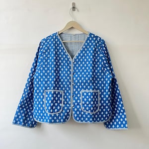 Cotton Women&#39;s Quilted Jacket Block Printed Boho Style Quilted Handmade Jackets, Coat Holidays Gifts Button Closer Jacket for Women Gifts