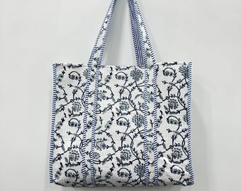 Handgefertigte Gesteppte Blumen Einkaufstasche: Reversible Block Print Baumwoll-Einkaufstasche