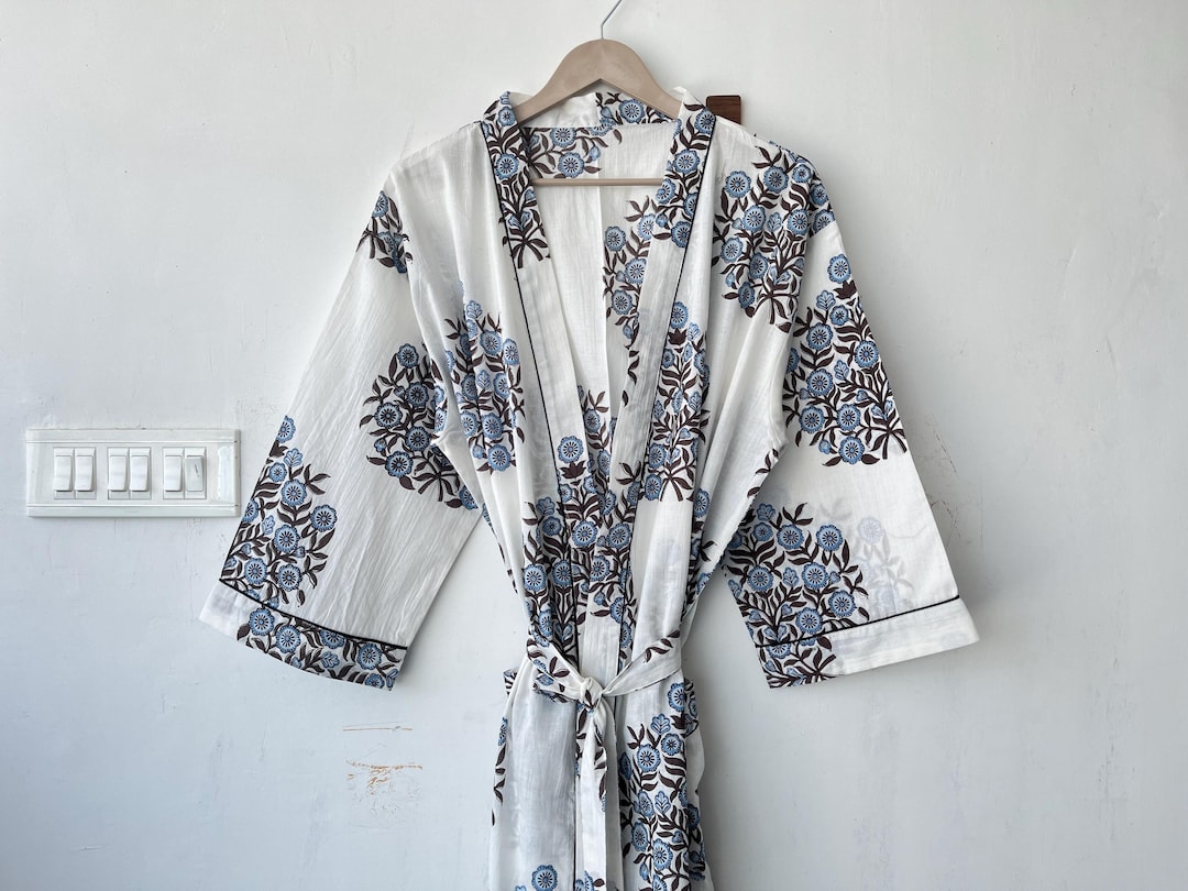 lightweight summer dressing gown ladies Floral Block Print Cotton Kimono Robe: frozen 2